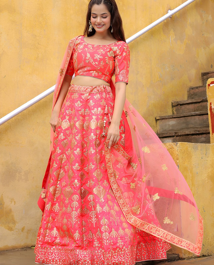 17812 - Bewitching peach embroidered silk wedding lehenga choli with dupatta
