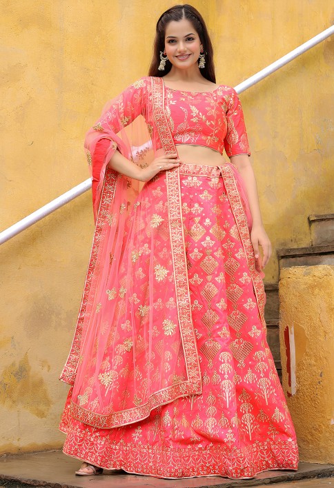 Bewitching peach embroidered silk wedding lehenga choli with dupatta