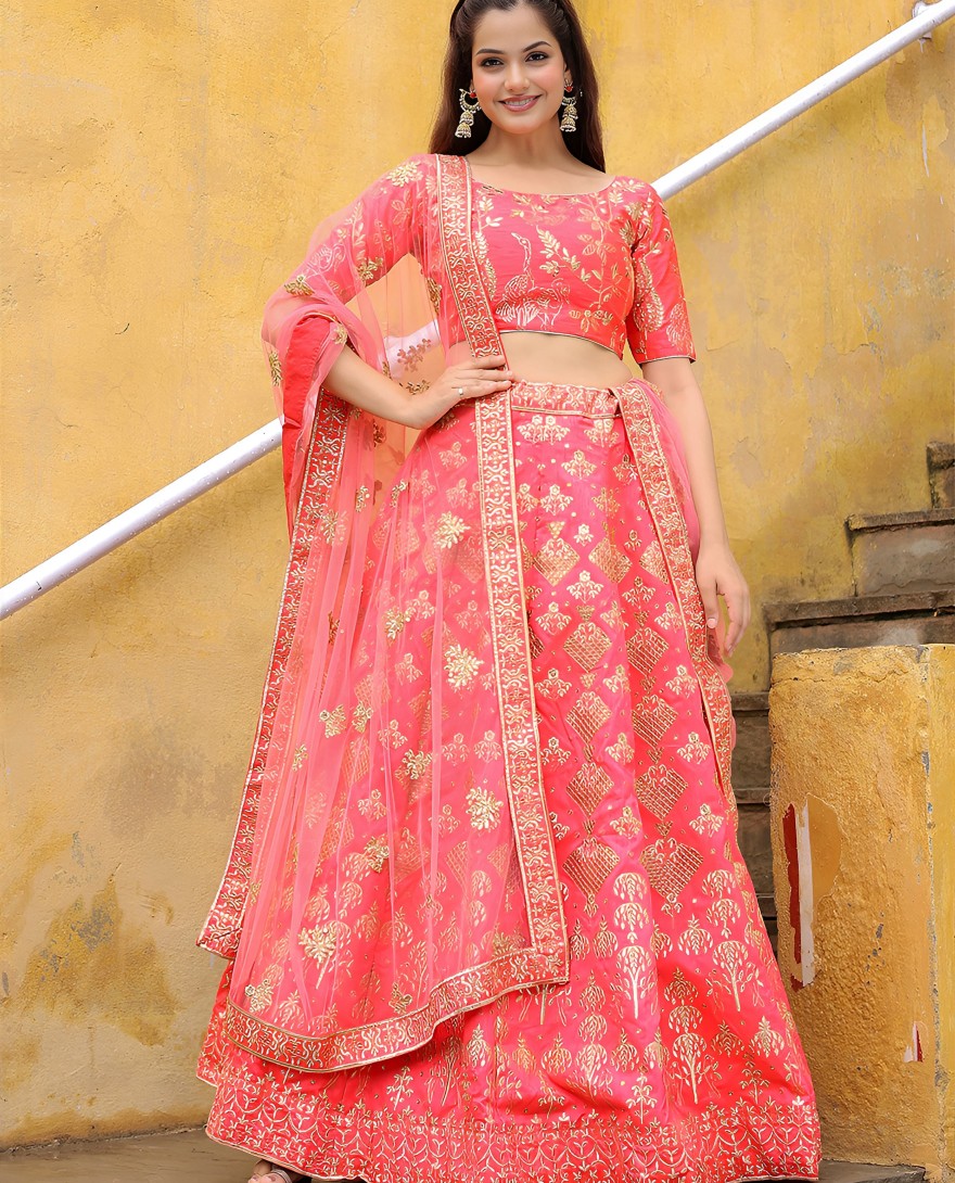 17812 - Bewitching peach embroidered silk wedding lehenga choli with dupatta