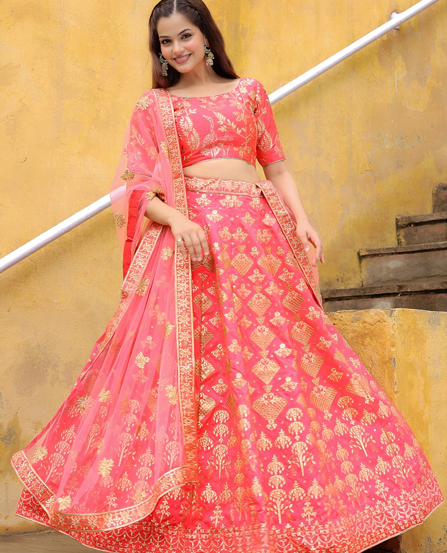 17812 - Bewitching peach embroidered silk wedding lehenga choli with dupatta
