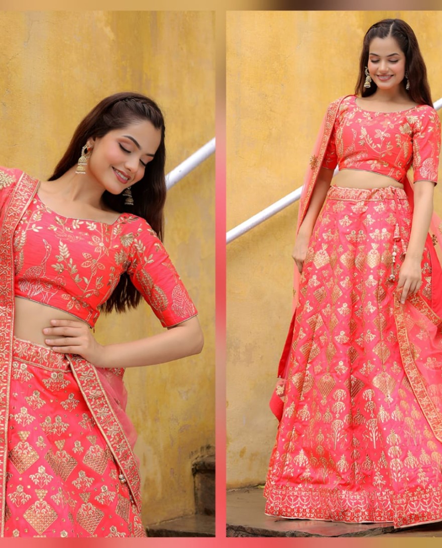 17812 - Bewitching peach embroidered silk wedding lehenga choli with dupatta