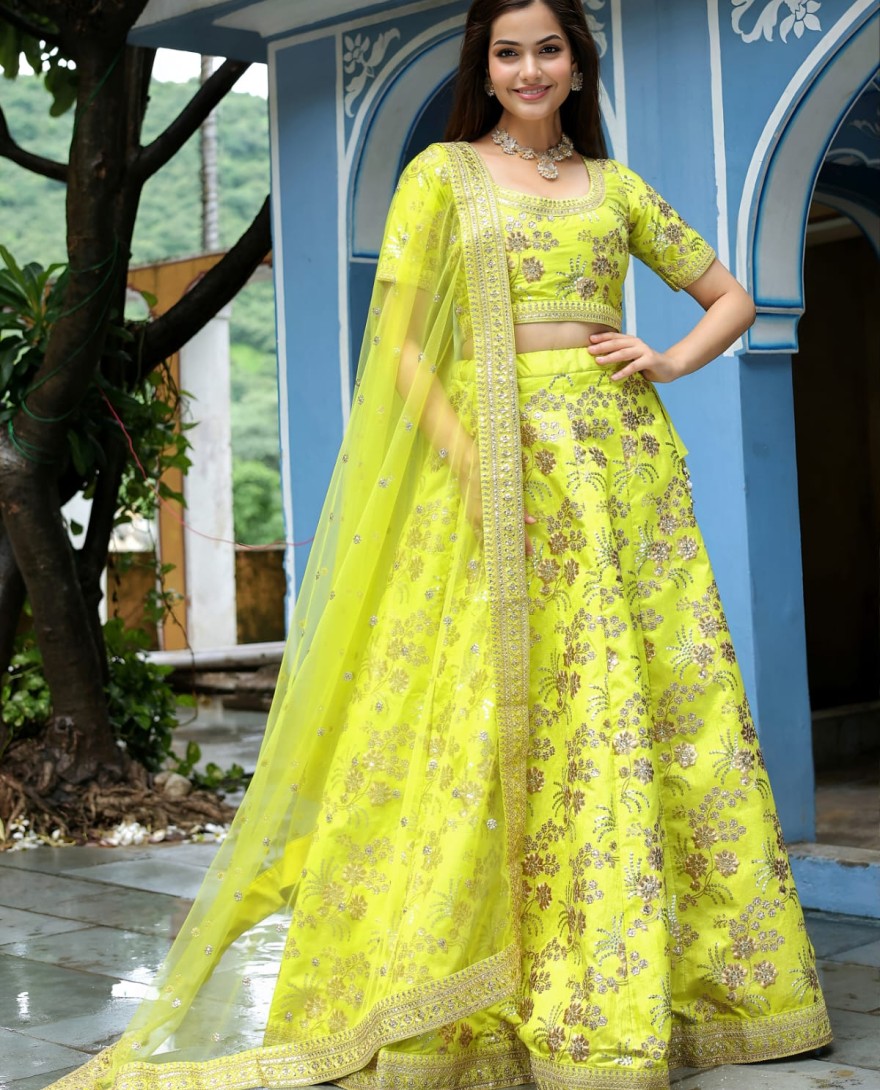 17816 - Incredible Neon Embroidery Silk Event Wear Lehenga Choli With Dupatta