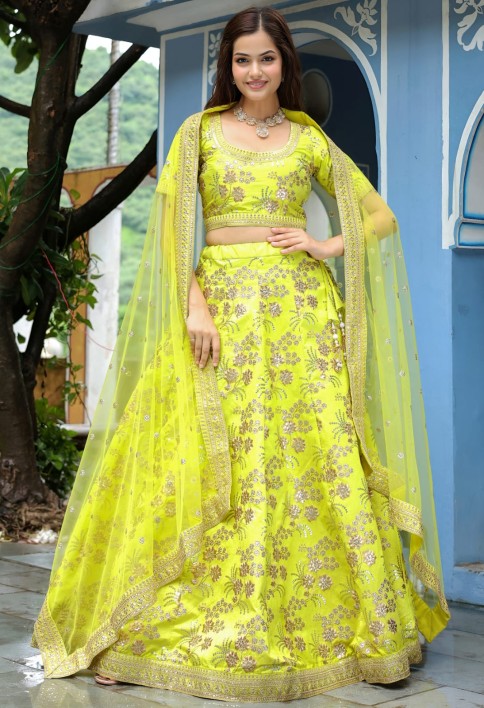 Incredible Neon Embroidery Silk Event Wear Lehenga Choli With Dupatta