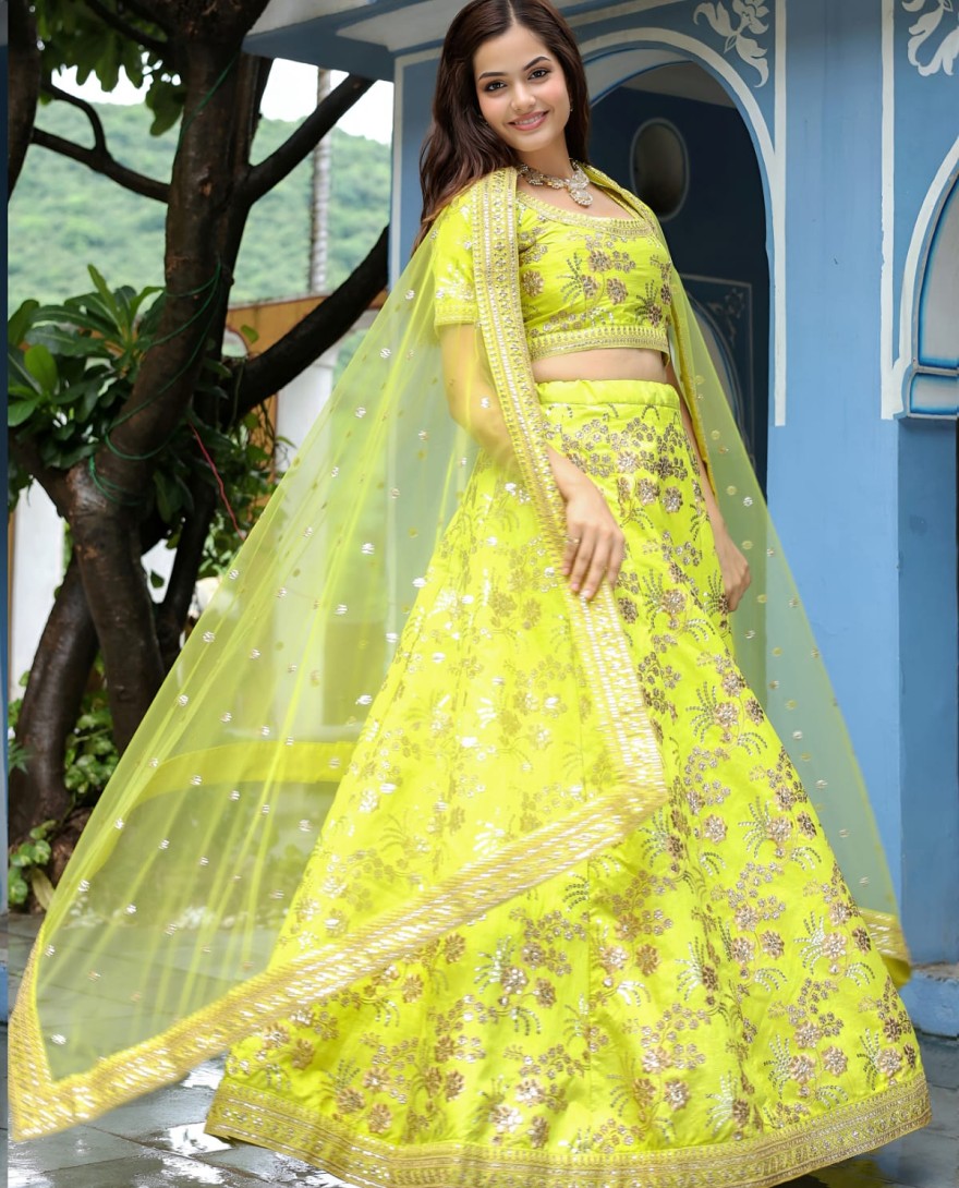17816 - Incredible Neon Embroidery Silk Event Wear Lehenga Choli With Dupatta