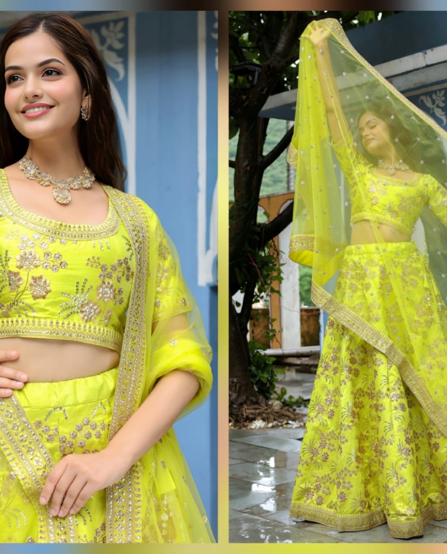 17816 - Incredible Neon Embroidery Silk Event Wear Lehenga Choli With Dupatta