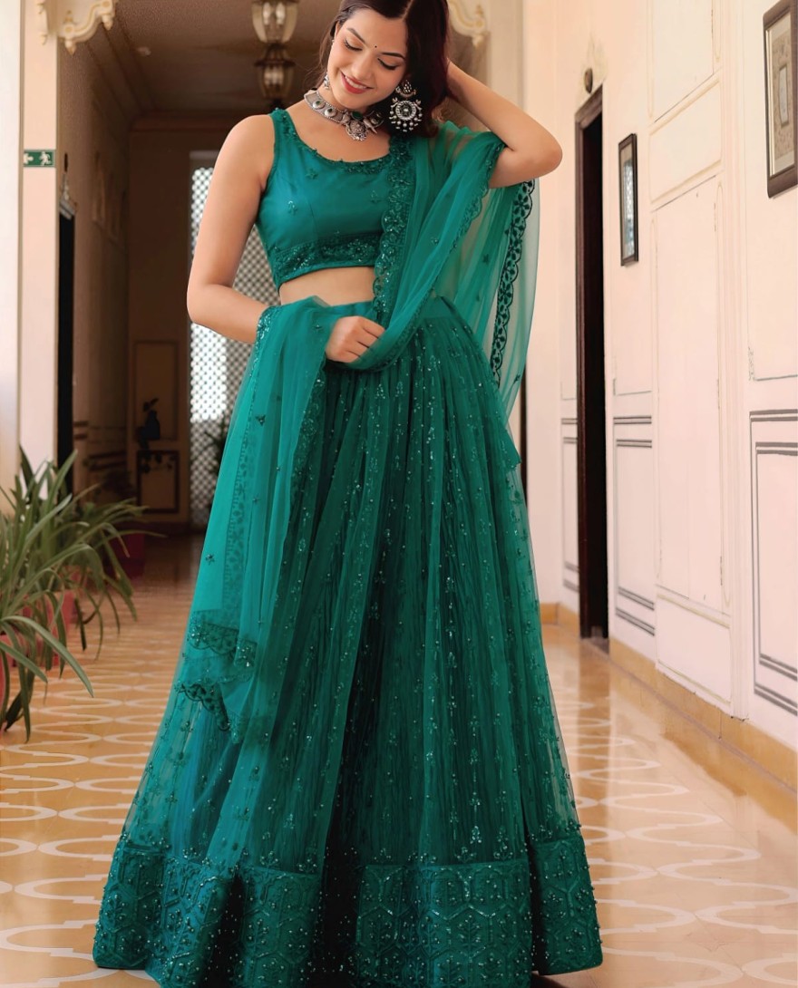 Teal - Stunning Teal Green Soft Net Sequins Monochrome Lehenga Choli