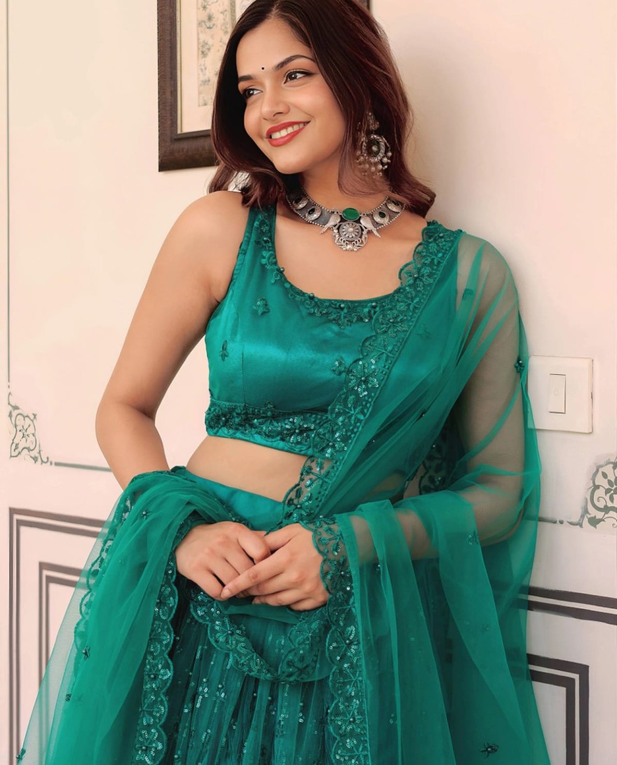 Teal - Stunning Teal Green Soft Net Sequins Monochrome Lehenga Choli