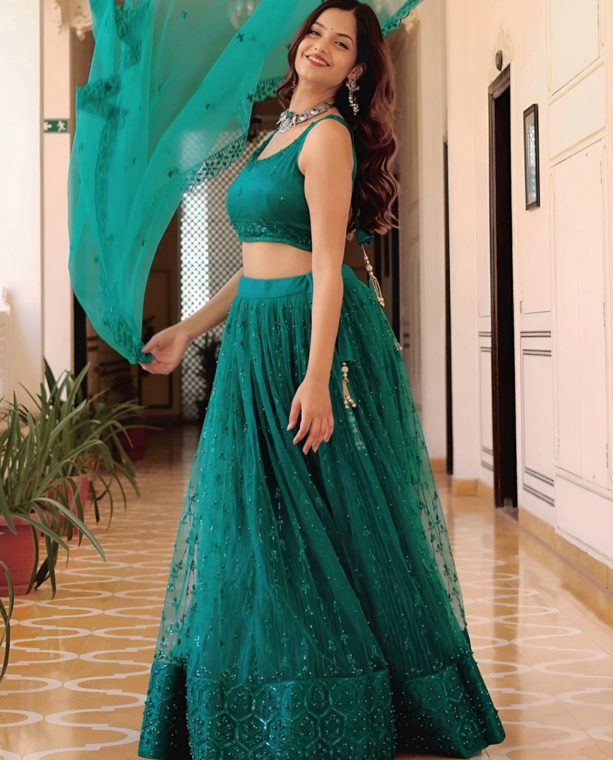 Teal - Stunning Teal Green Soft Net Sequins Monochrome Lehenga Choli