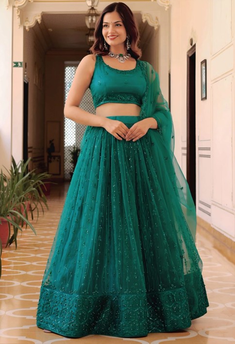 Stunning Teal Green Soft Net Sequins Monochrome Lehenga Choli