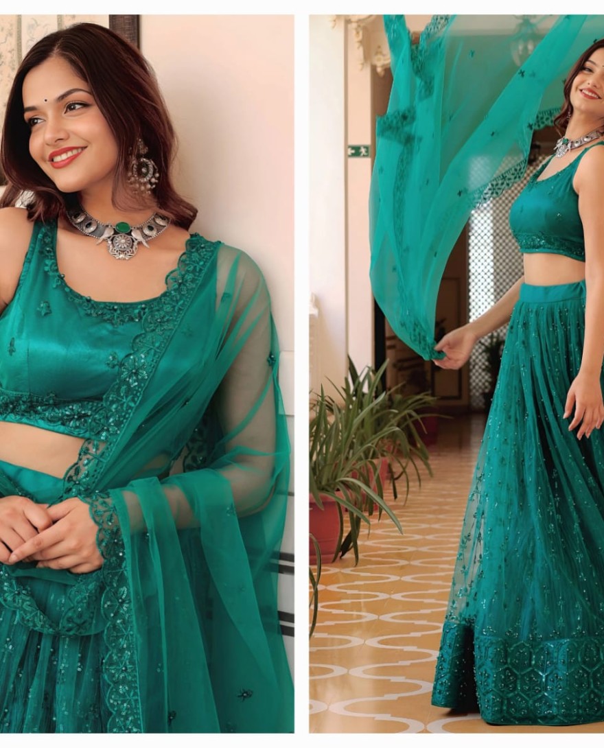Teal - Stunning Teal Green Soft Net Sequins Monochrome Lehenga Choli