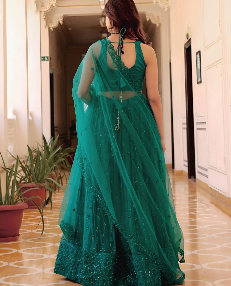Teal - Stunning Teal Green Soft Net Sequins Monochrome Lehenga Choli