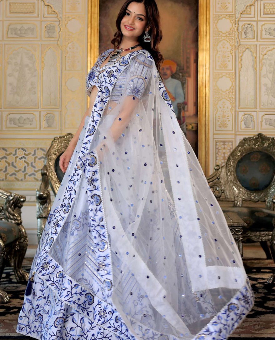 White - Graceful White Satin Thread Embroidered Party Wear Lehenga Choli