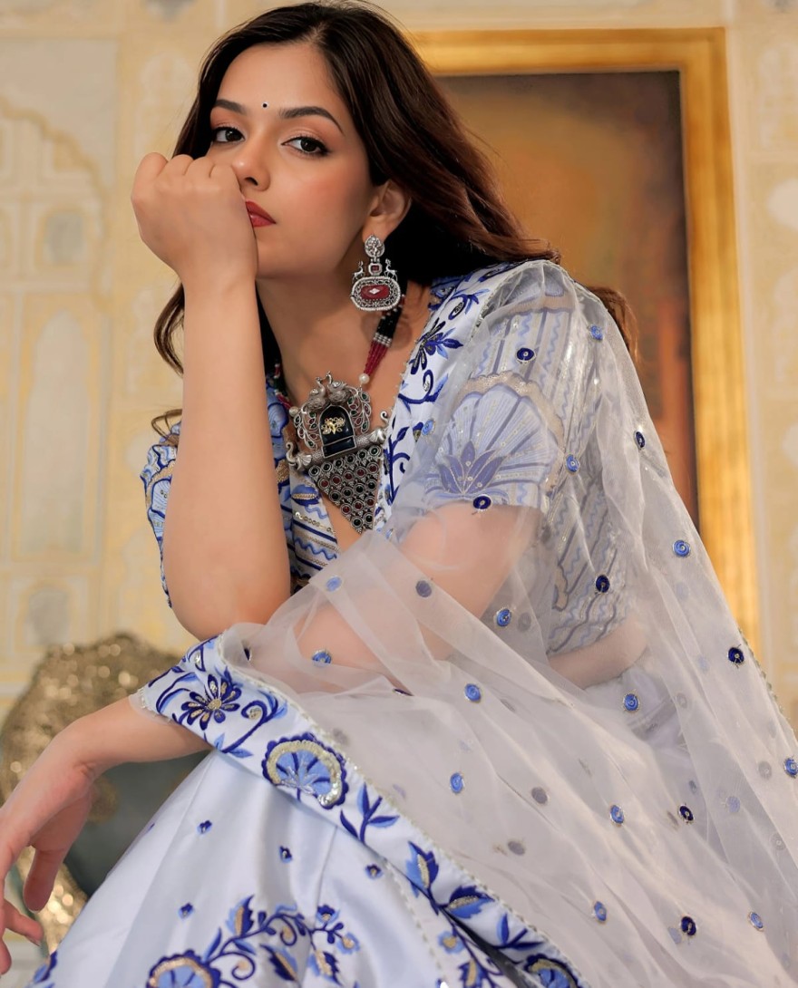 White - Graceful White Satin Thread Embroidered Party Wear Lehenga Choli