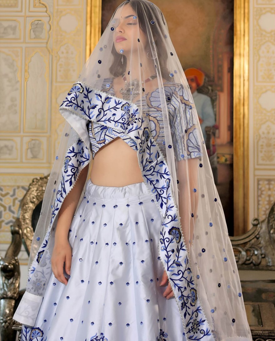 White - Graceful White Satin Thread Embroidered Party Wear Lehenga Choli