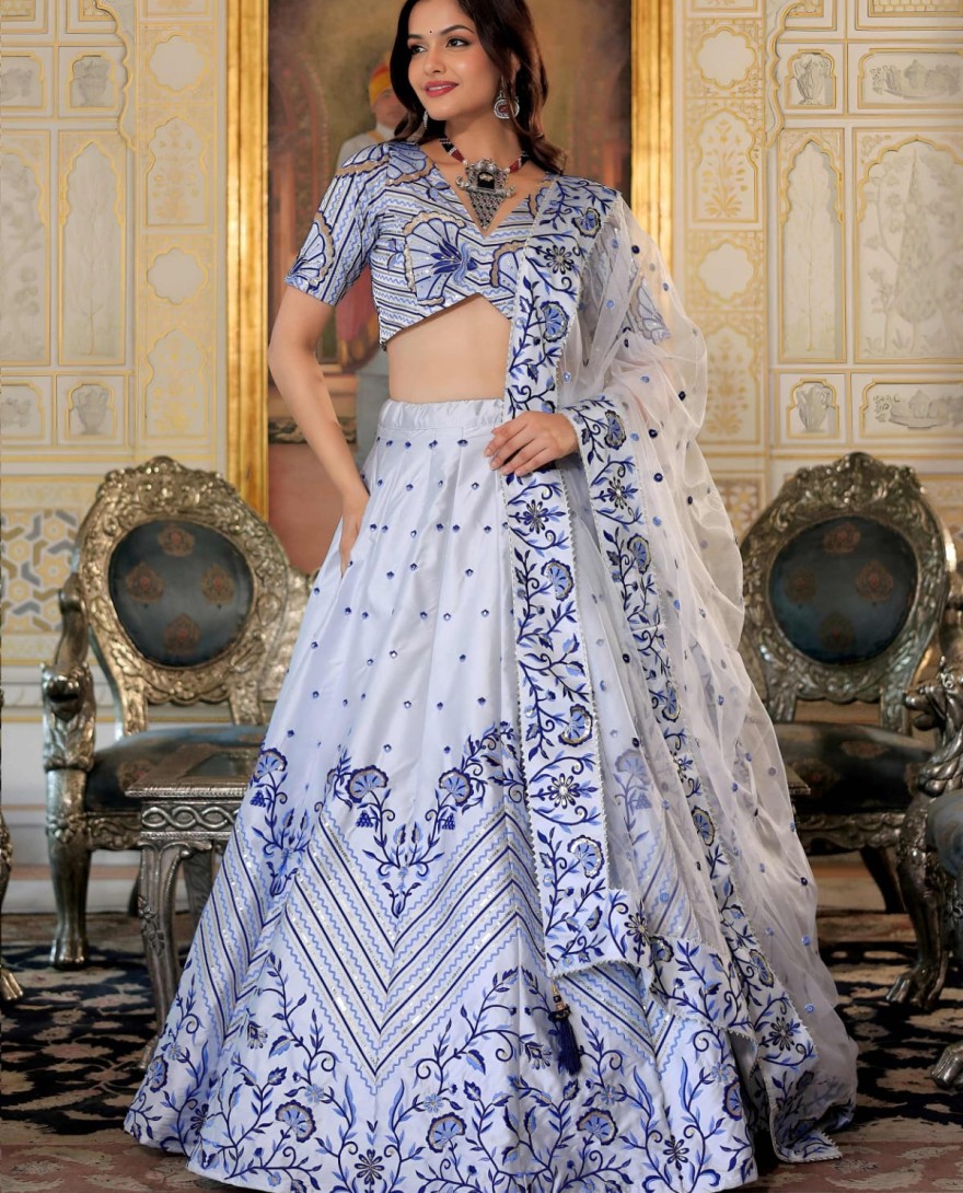 White - Graceful White Satin Thread Embroidered Party Wear Lehenga Choli