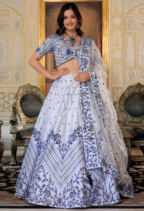 Graceful White Satin Thread Embroidered Party Wear Lehenga Choli