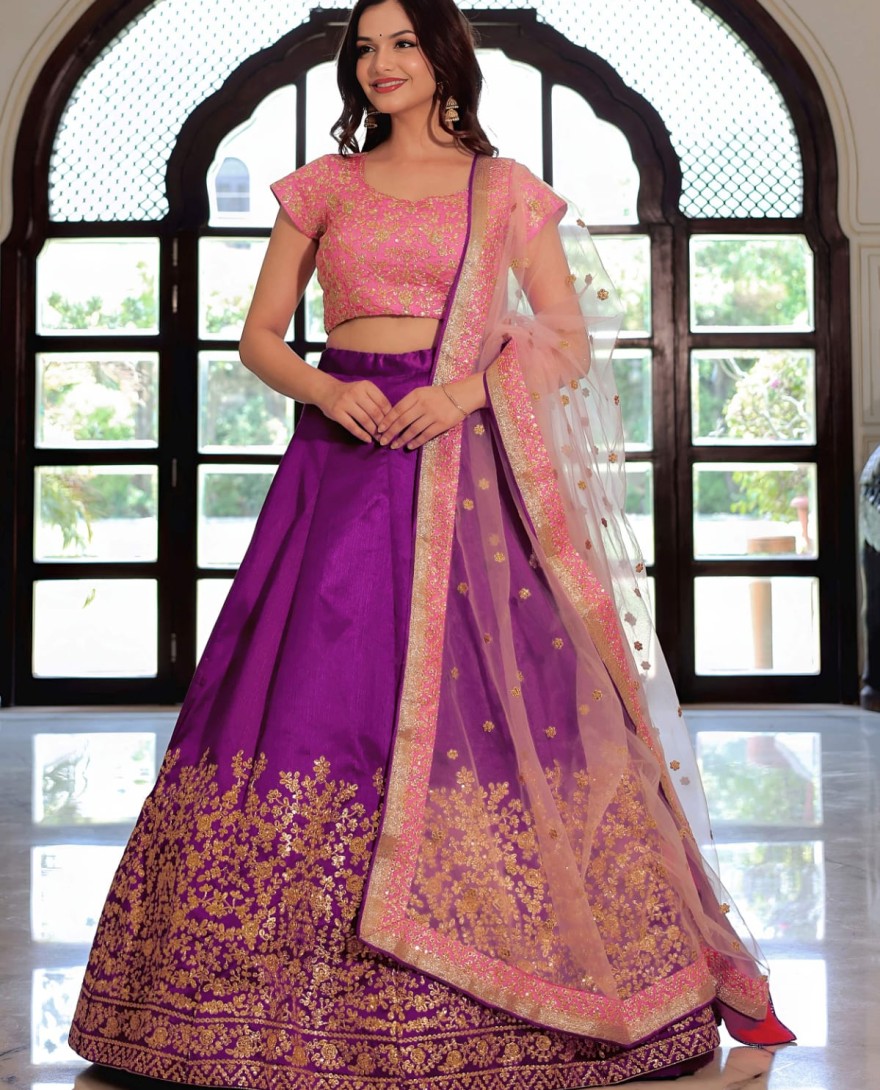 Purple - Glamorous Purple Mulberry Silk Zari Embroidered Lehenga Choli