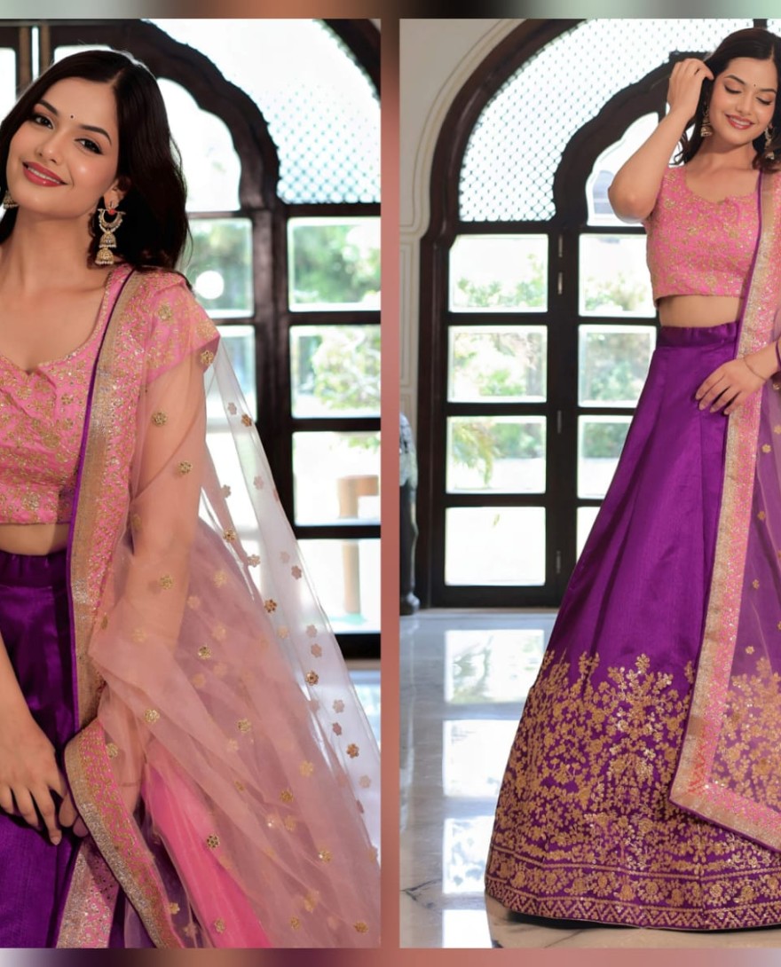 Purple - Glamorous Purple Mulberry Silk Zari Embroidered Lehenga Choli