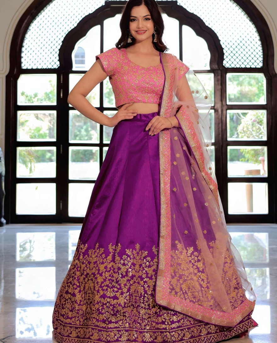 Purple - Glamorous Purple Mulberry Silk Zari Embroidered Lehenga Choli
