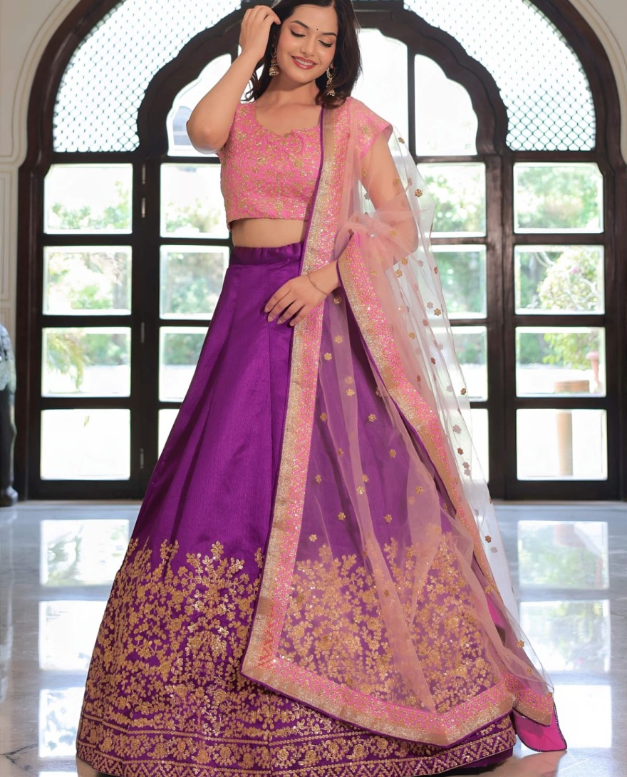 Purple - Glamorous Purple Mulberry Silk Zari Embroidered Lehenga Choli