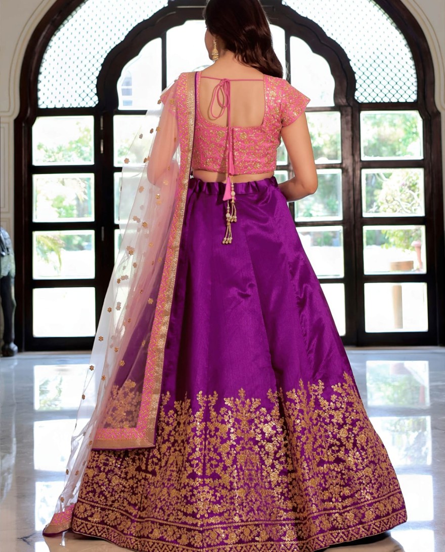 Purple - Glamorous Purple Mulberry Silk Zari Embroidered Lehenga Choli