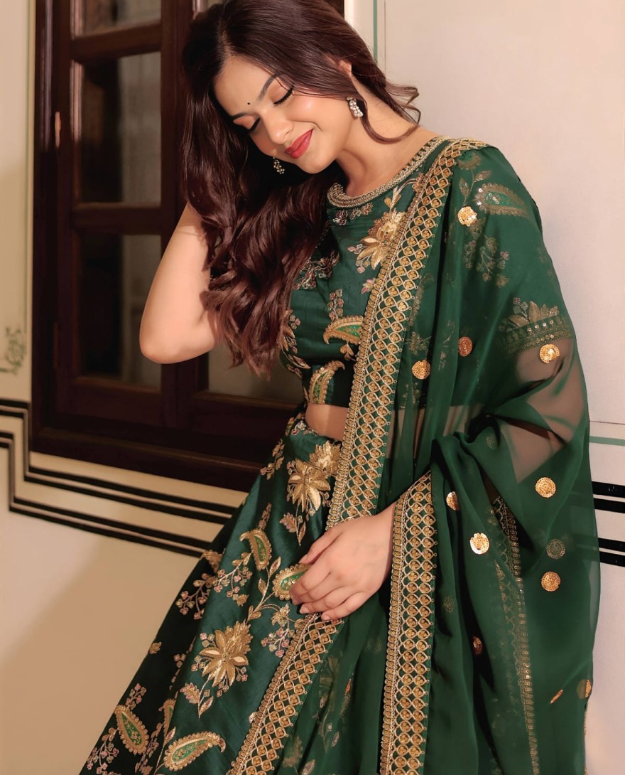 Green - Beautiful Green Thread Embroidered Art Silk Lehenga Choli With Dupatta