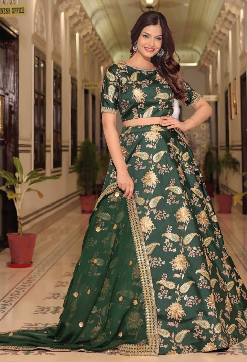 Beautiful Green Thread Embroidered Art Silk Lehenga Choli With Dupatta
