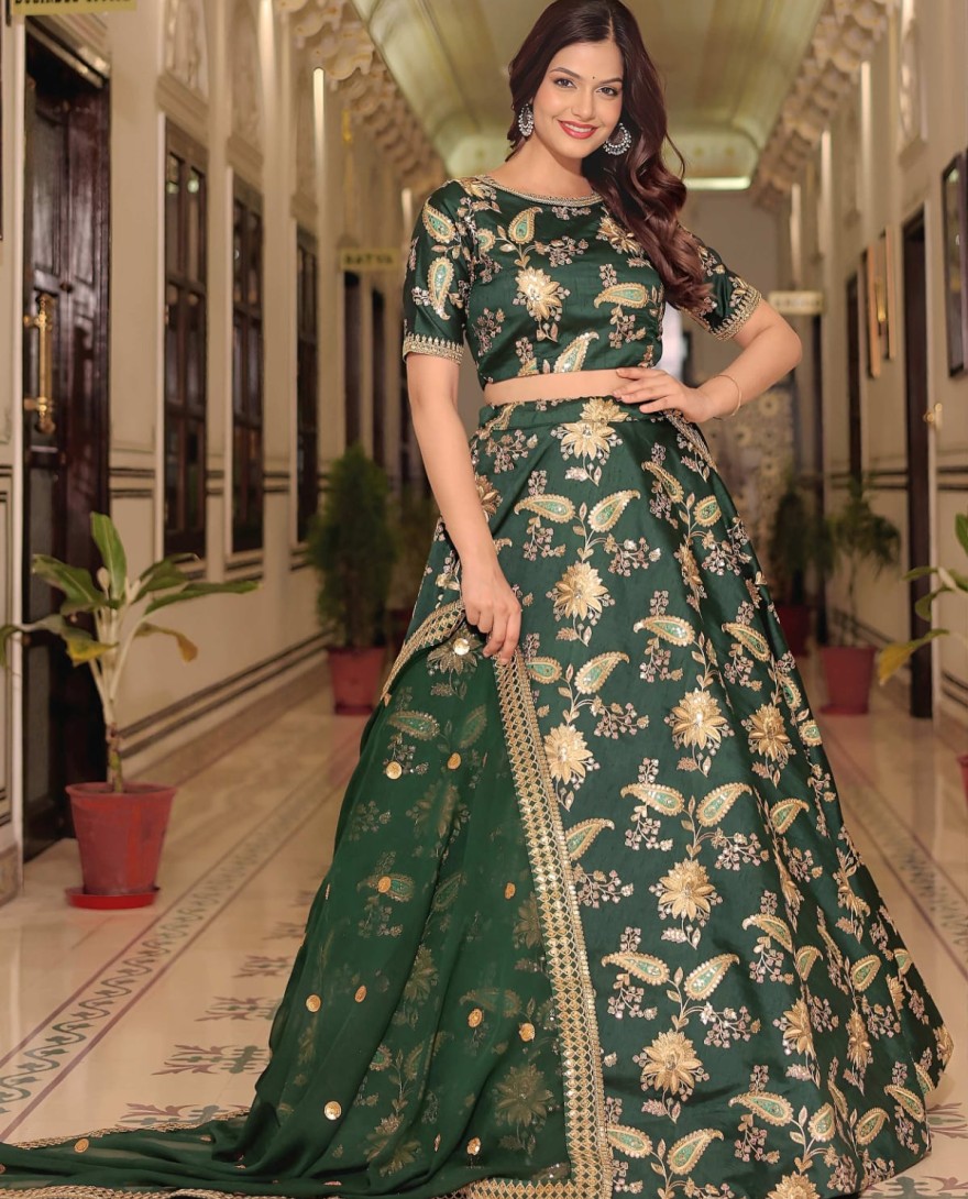Green - Beautiful Green Thread Embroidered Art Silk Lehenga Choli With Dupatta