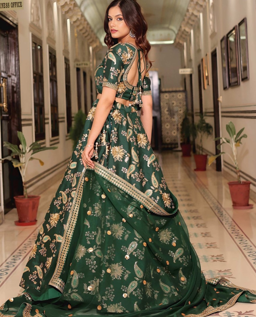 Green - Beautiful Green Thread Embroidered Art Silk Lehenga Choli With Dupatta