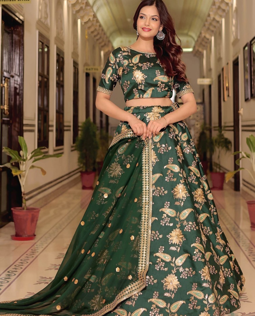 Green - Beautiful Green Thread Embroidered Art Silk Lehenga Choli With Dupatta