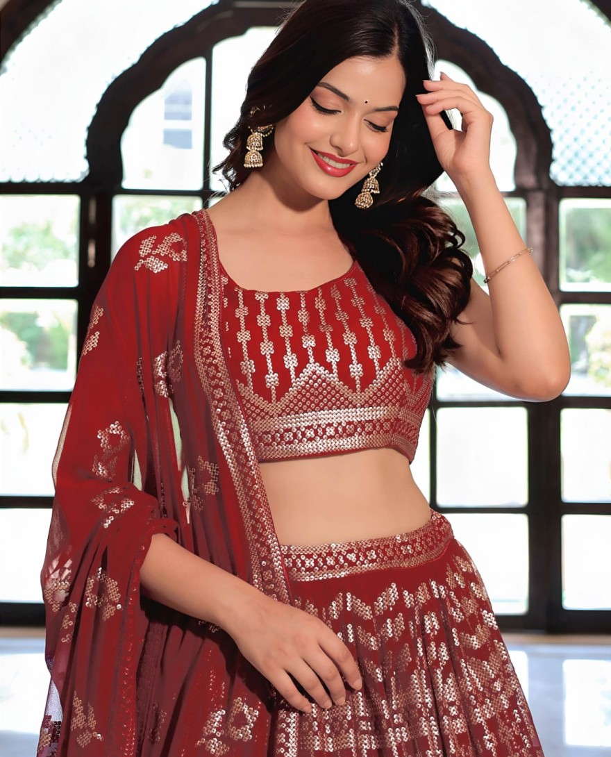 Maroon - Elegant Maroon Georgette Embroidered Lehenga Choli With Dupatta