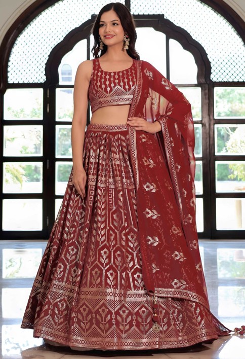 Elegant Maroon Georgette Embroidered Lehenga Choli With Dupatta