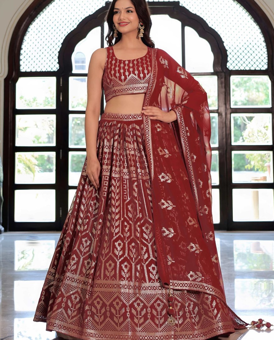 Maroon - Elegant Maroon Georgette Embroidered Lehenga Choli With Dupatta