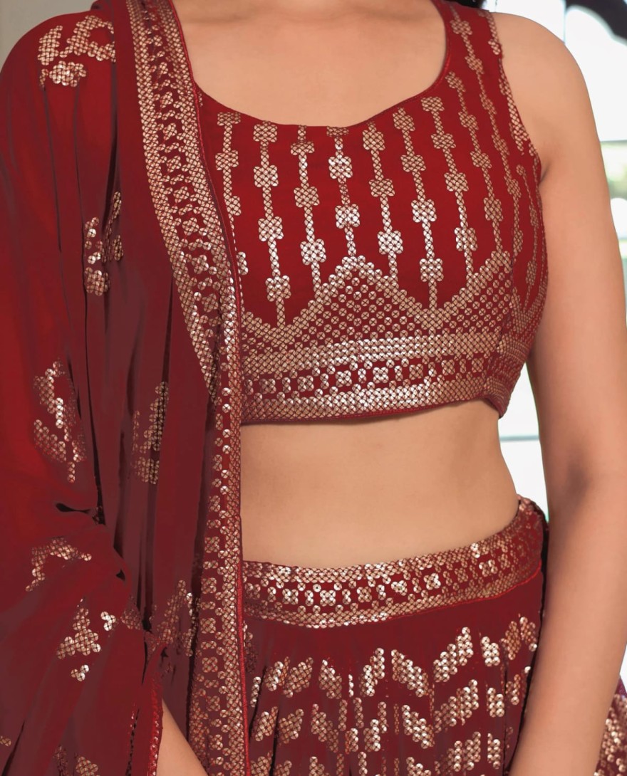 Maroon - Elegant Maroon Georgette Embroidered Lehenga Choli With Dupatta
