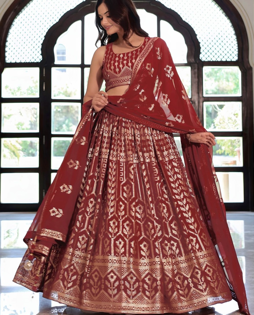 Maroon - Elegant Maroon Georgette Embroidered Lehenga Choli With Dupatta