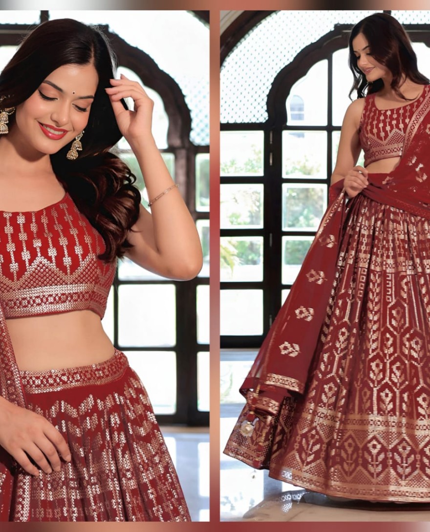Maroon - Elegant Maroon Georgette Embroidered Lehenga Choli With Dupatta
