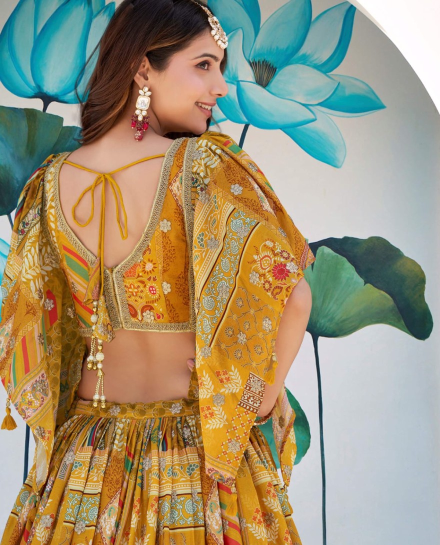 7050 - Timeless Yellow Zari Embroidered Chinon Lehenga Choli With Dupatta