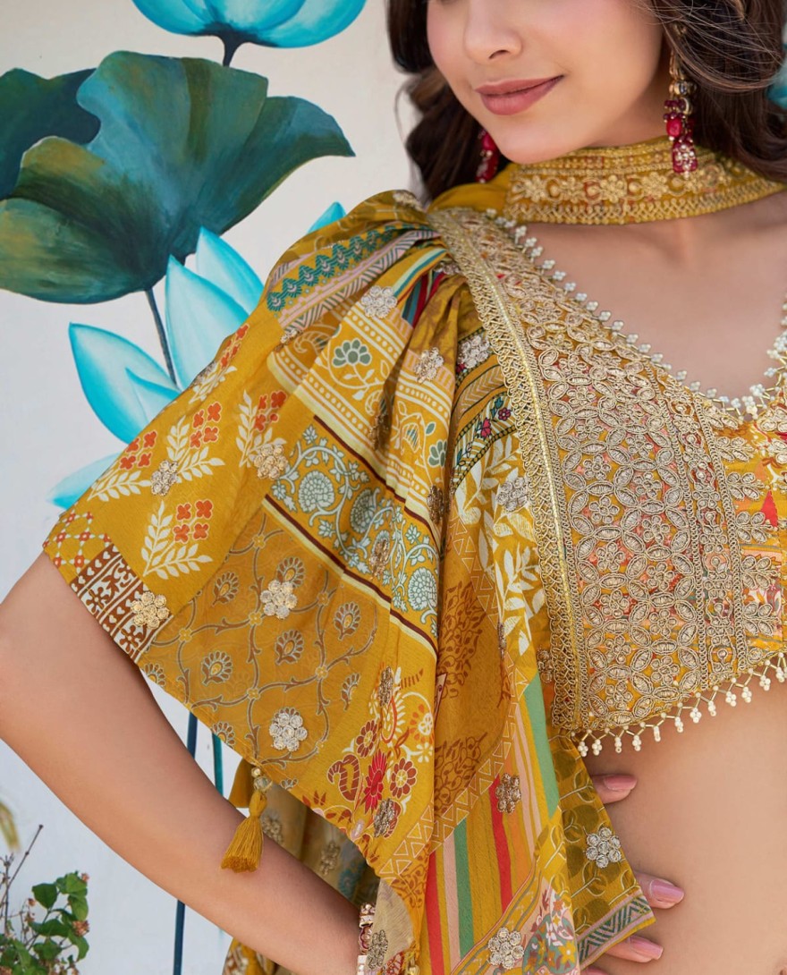 7050 - Timeless Yellow Zari Embroidered Chinon Lehenga Choli With Dupatta