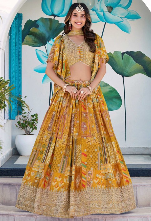 Timeless Yellow Zari Embroidered Chinon Lehenga Choli With Dupatta
