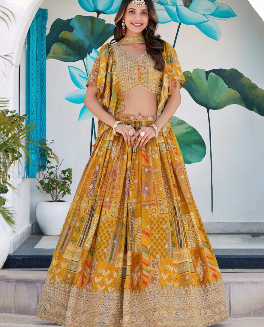 7050 - Timeless Yellow Zari Embroidered Chinon Lehenga Choli With Dupatta