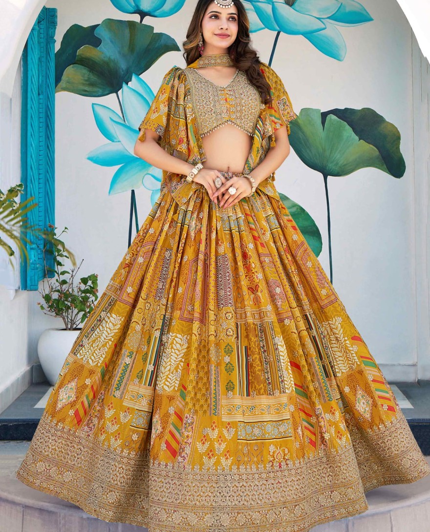 7050 - Timeless Yellow Zari Embroidered Chinon Lehenga Choli With Dupatta