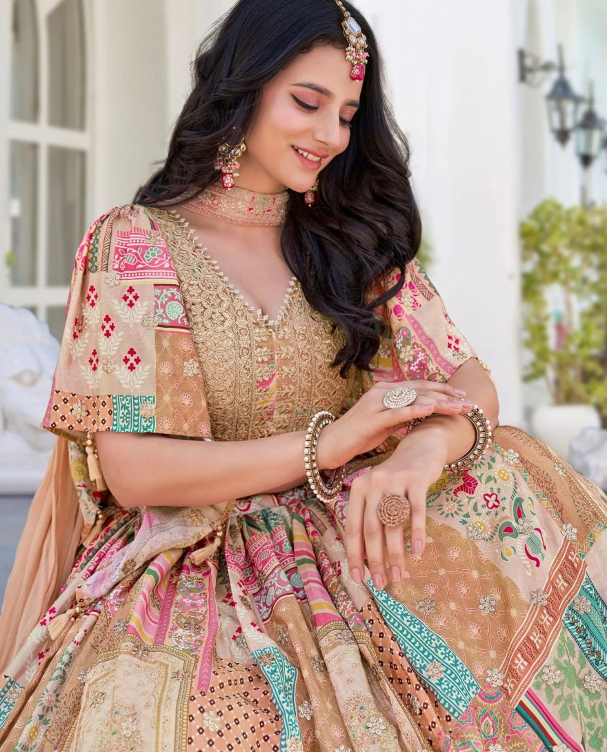 7050beige - Lavishing Beige Chinon Silk Zari Embroidered Lehenga Choli