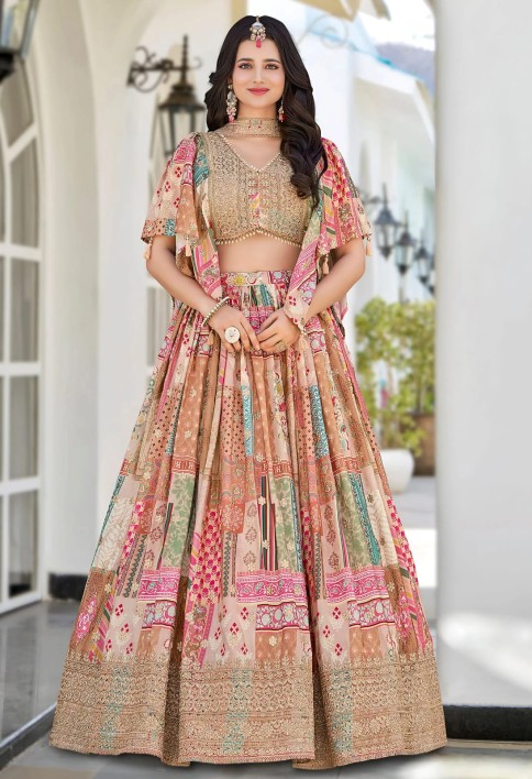 Lavishing Beige Chinon Silk Zari Embroidered Lehenga Choli