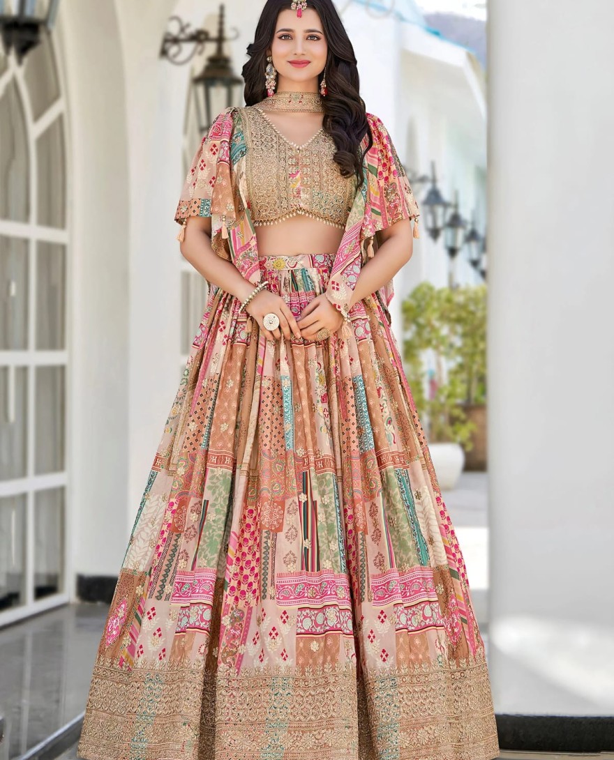 7050beige - Lavishing Beige Chinon Silk Zari Embroidered Lehenga Choli