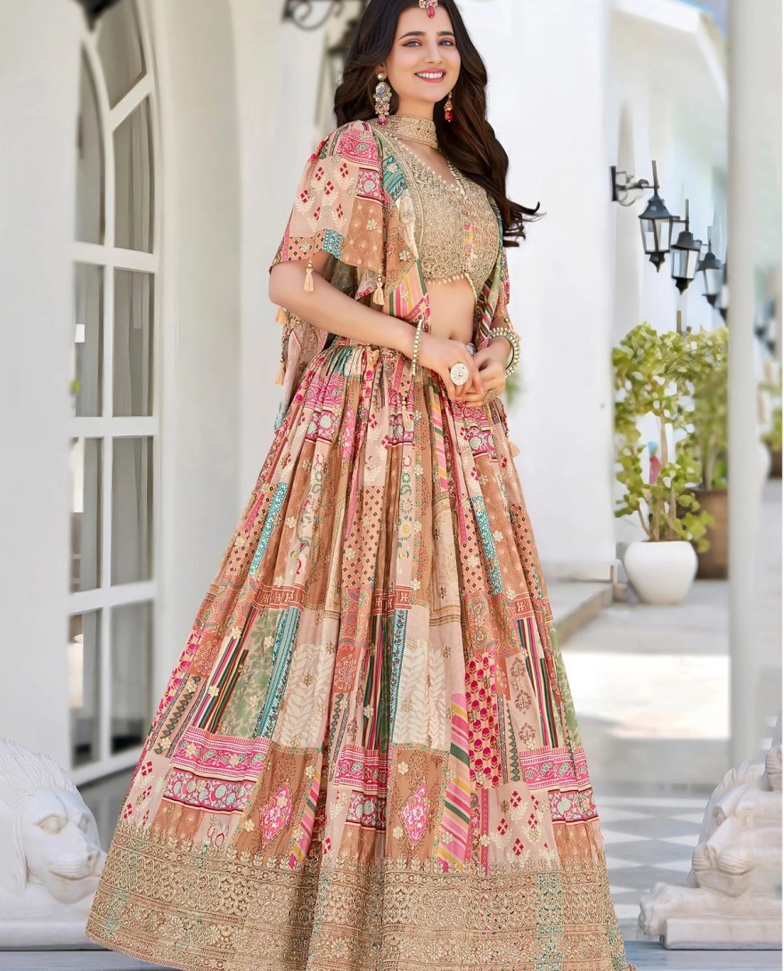 7050beige - Lavishing Beige Chinon Silk Zari Embroidered Lehenga Choli
