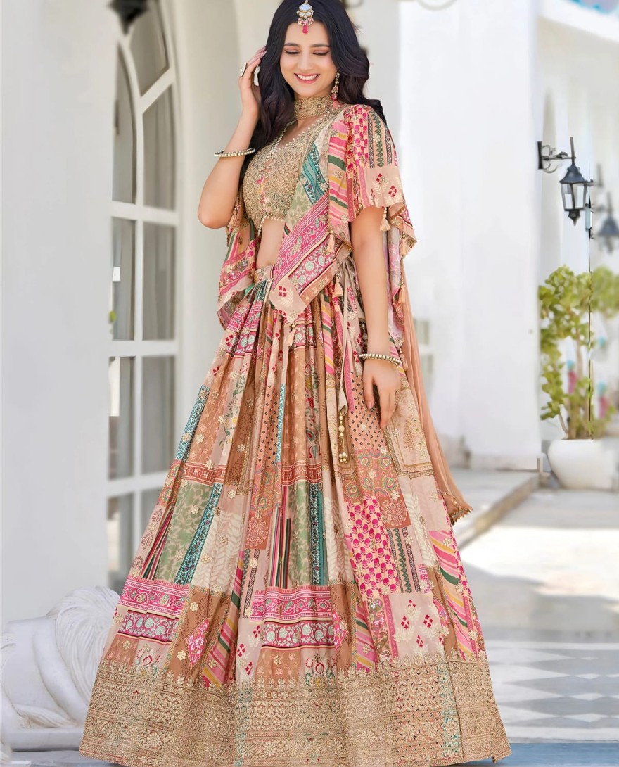 7050beige - Lavishing Beige Chinon Silk Zari Embroidered Lehenga Choli