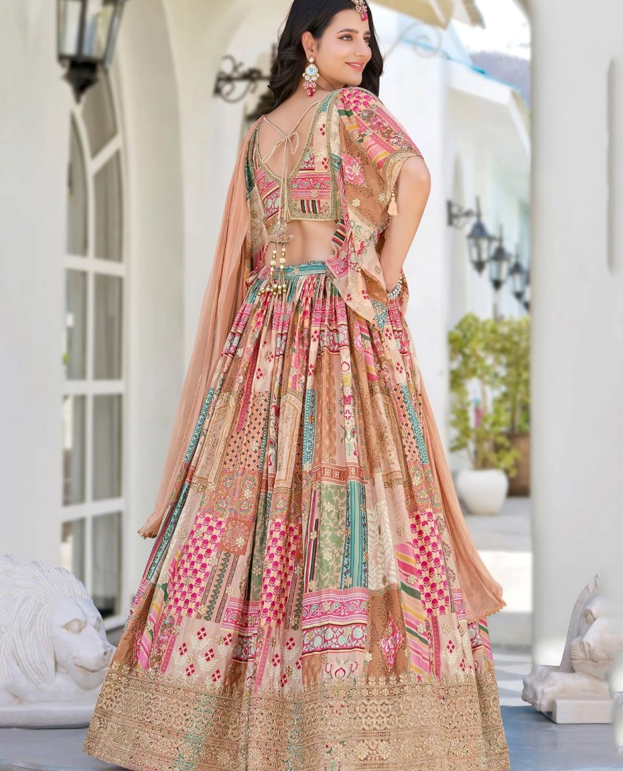 7050beige - Lavishing Beige Chinon Silk Zari Embroidered Lehenga Choli