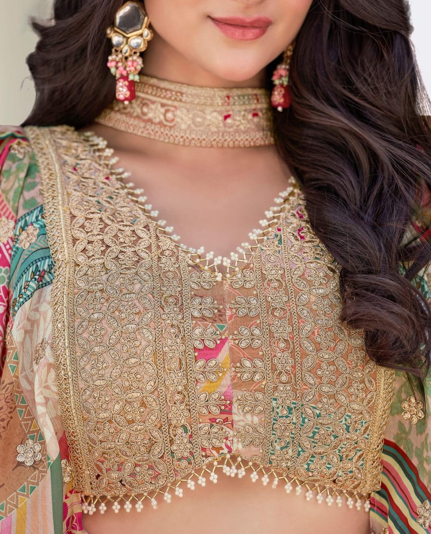 7050beige - Lavishing Beige Chinon Silk Zari Embroidered Lehenga Choli