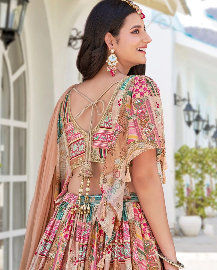 7050beige - Lavishing Beige Chinon Silk Zari Embroidered Lehenga Choli