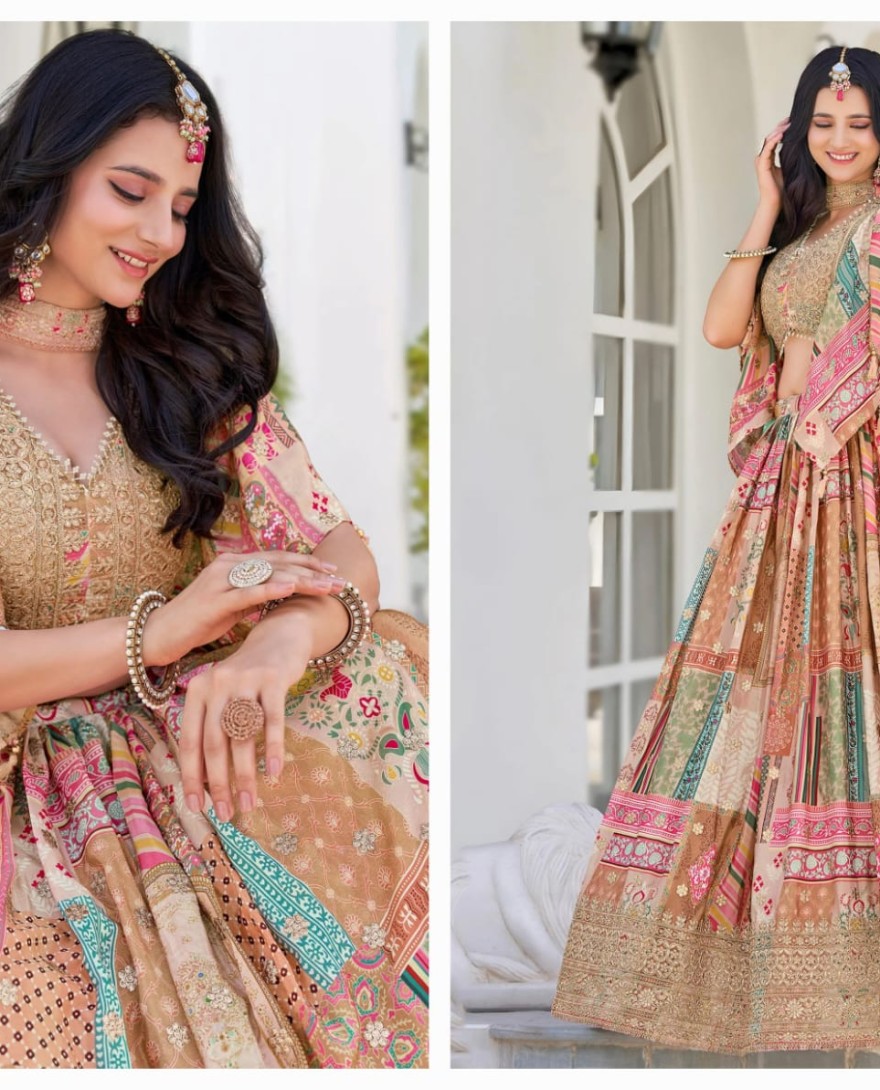 7050beige - Lavishing Beige Chinon Silk Zari Embroidered Lehenga Choli